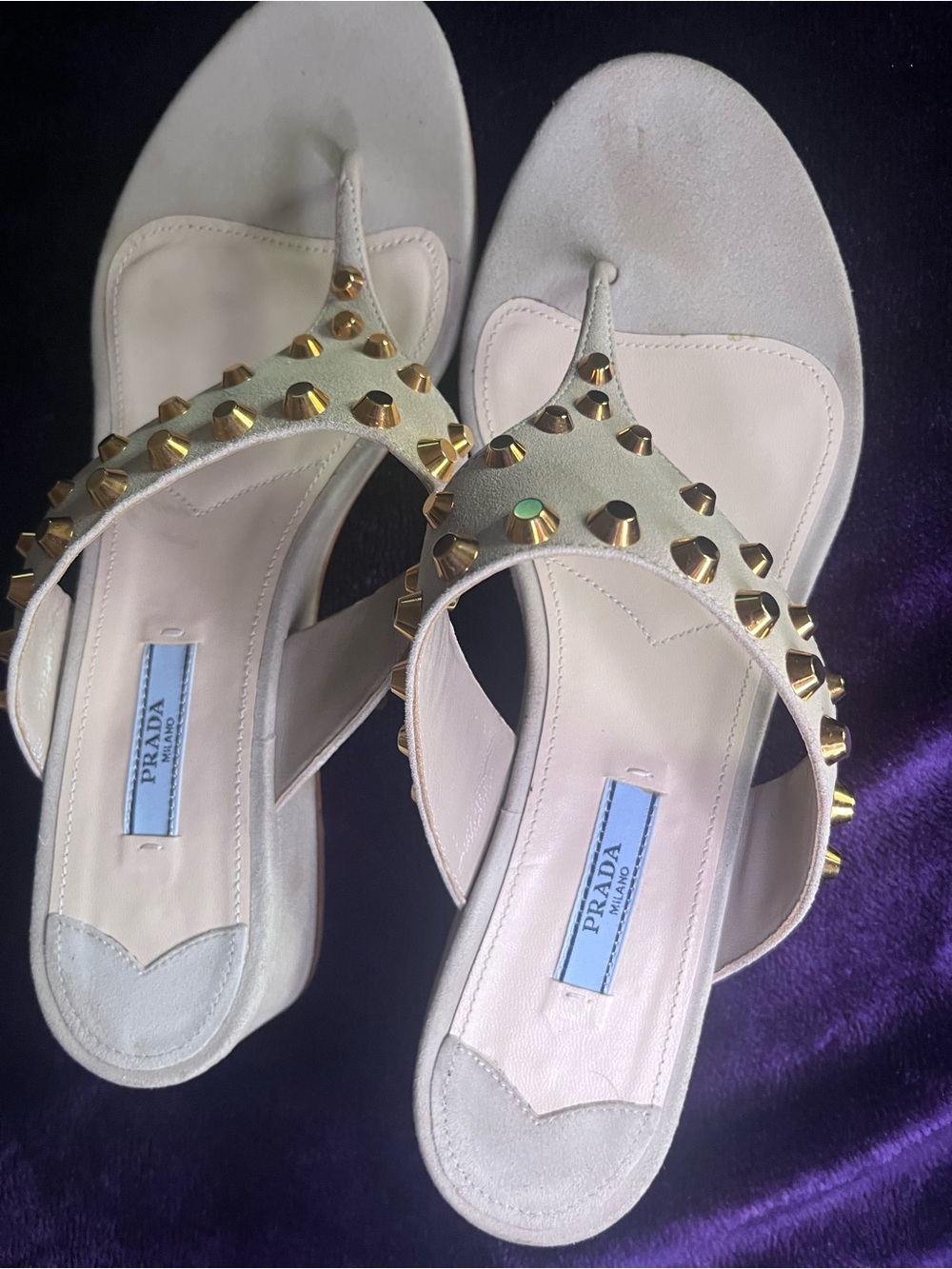 Prada Cream Leather Studded Thong Sandals with Gold Hardware